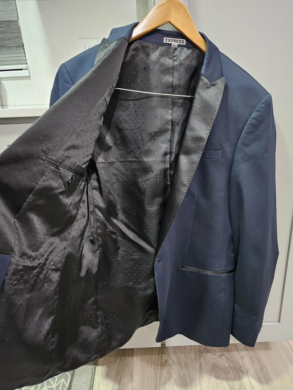 Express Men's Navy Blazer with Black Satin Lapel